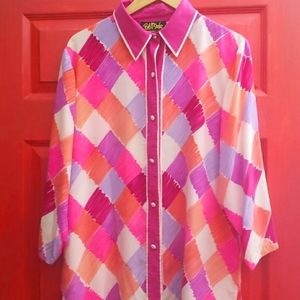 Bob Mackie silk button up women's shirt with spring colors in diamond pattern